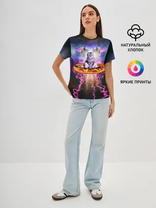 Женская базовая футболка / Кот на пицце