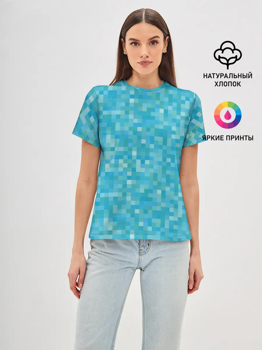 Женская базовая футболка / Бирюзовая пиксель абстракция