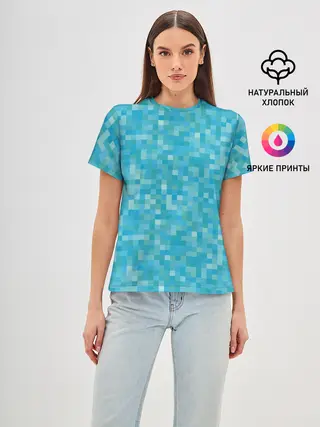 Женская базовая футболка / Бирюзовая пиксель абстракция