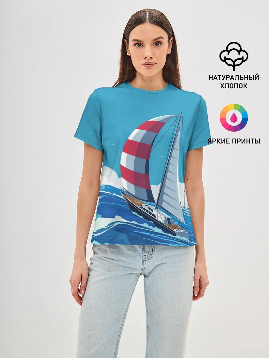 Женская базовая футболка / ПАРУСНИК В МОРЕ | ЛЮБЛЮ МОРЕ