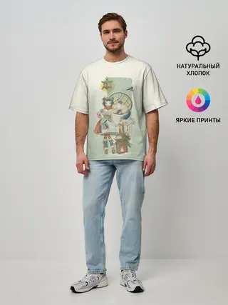 Мужская футболка оверсайз / девушка кимоно зима Япония кот