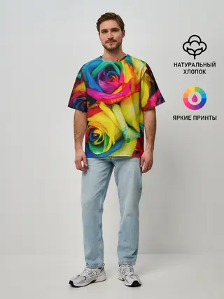 Мужская футболка оверсайз / Разноцветные розы