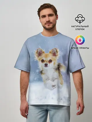 Мужская футболка оверсайз / Чихуахуа в снегу