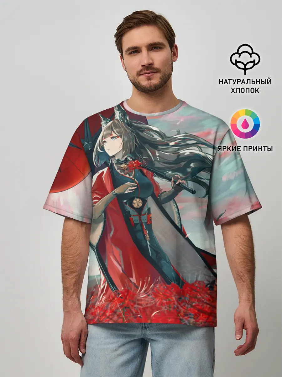 Мужская футболка оверсайз / Azur Lane red flowers