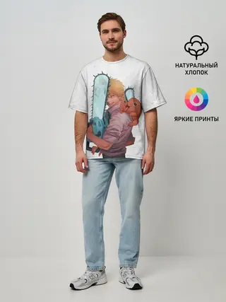 Мужская футболка оверсайз / Дэндзи, Почита и бензопила