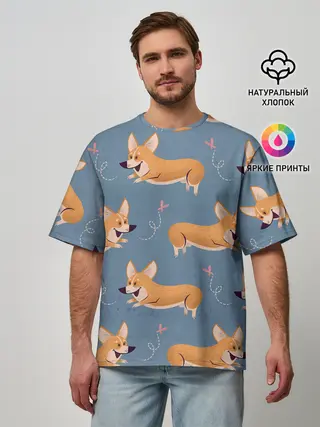 Мужская футболка оверсайз / Корги с бабочкой