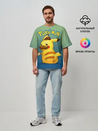 Мужская футболка оверсайз / Детектив Пикачу покемон
