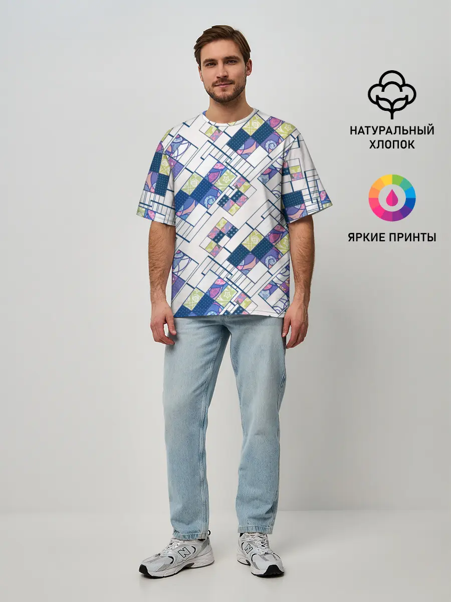 Мужская футболка оверсайз / Этнический узор пэчворк