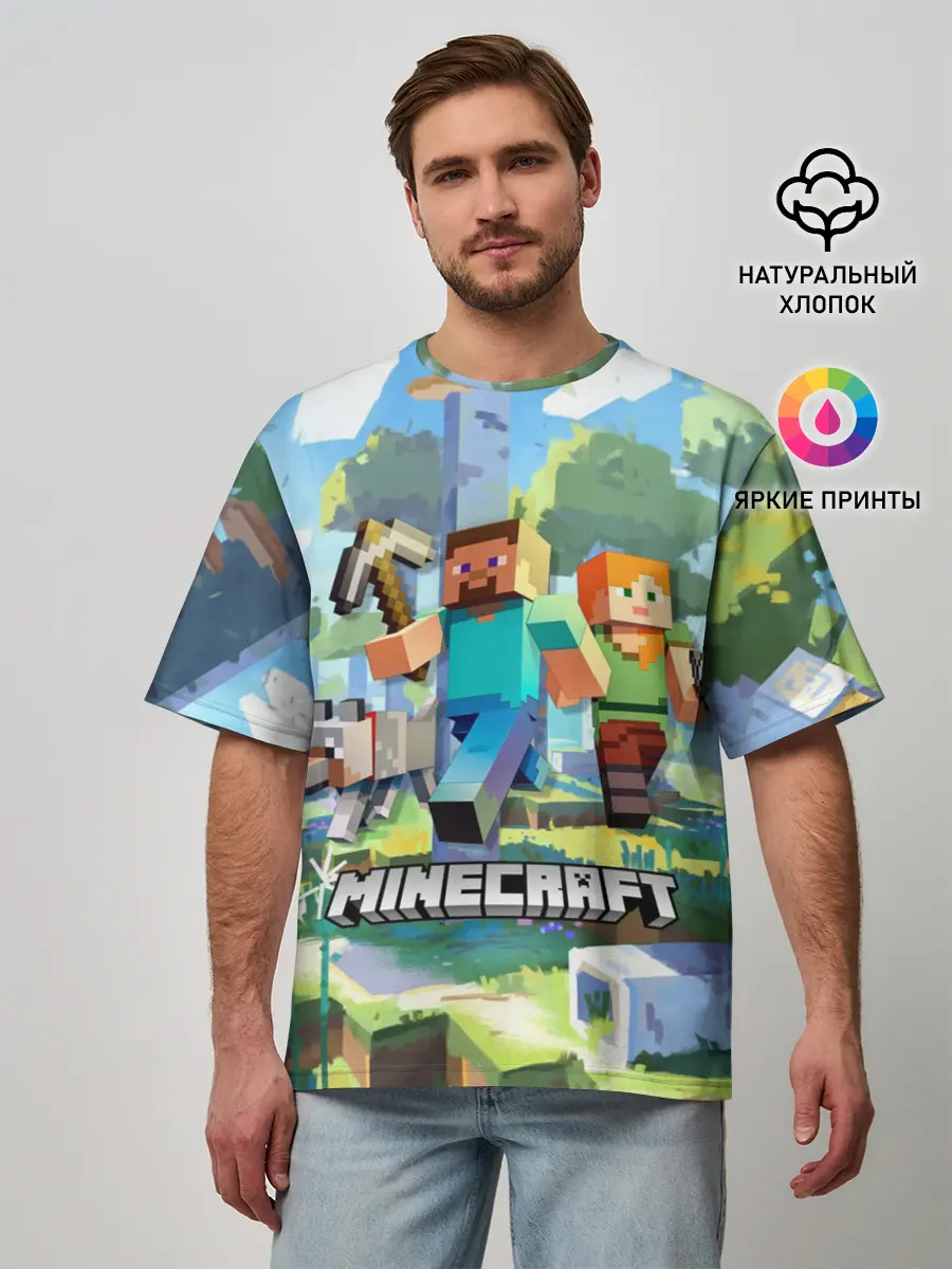 Мужская футболка оверсайз / Манйкрафт, березовый лес