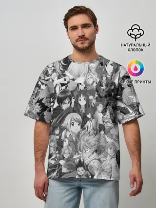 Мужская футболка оверсайз / МНОГО ЧЕРНО-БЕЛЫХ АНИМЕ ДЕВОЧЕК