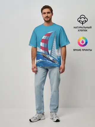 Мужская футболка оверсайз / ПАРУСНИК В МОРЕ | ЛЮБЛЮ МОРЕ