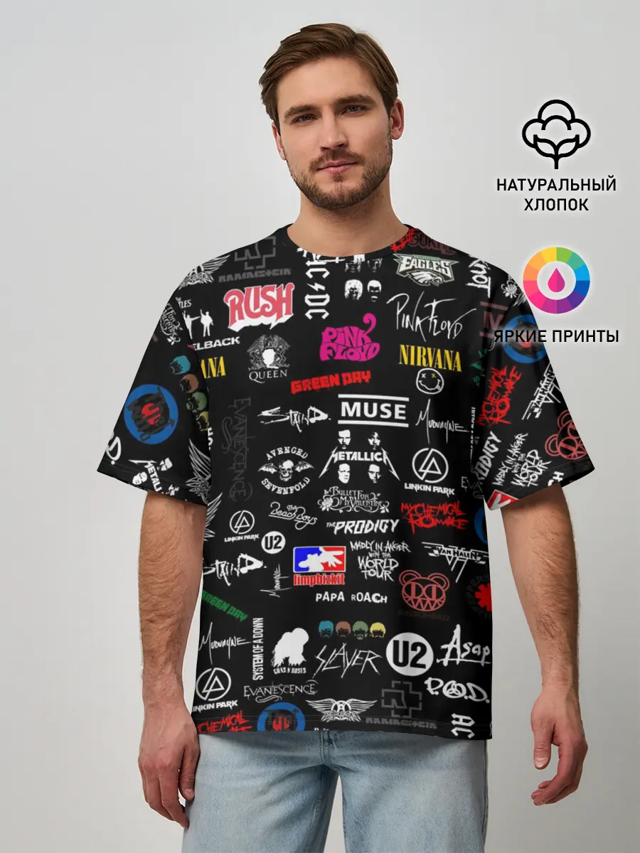 Мужская футболка оверсайз / ЛОГОТИПЫ РОК ГРУПП | PATTERN