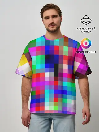 Мужская футболка оверсайз / РАЗНОЦВЕТНЫЕ ПИКСЕЛИ / КУБЫ
