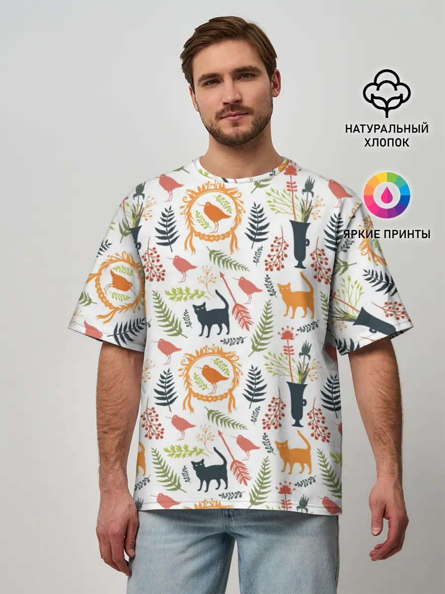 Мужская футболка оверсайз / О кошках и птичках