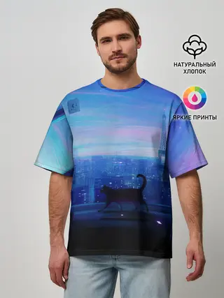 Мужская футболка оверсайз / Кошка арт окно