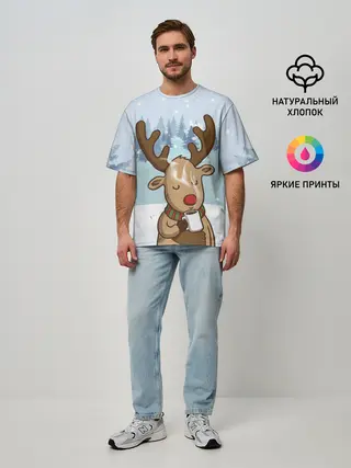 Мужская футболка оверсайз / Олень с кружкой