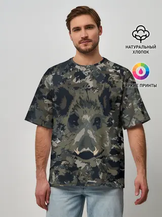 Мужская футболка оверсайз / Камуфляж с кабаном