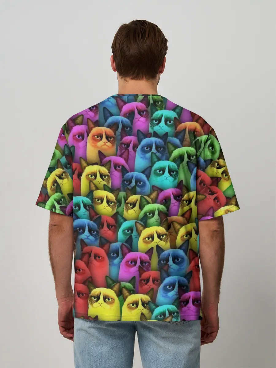Мужская футболка оверсайз / Разноцветные сердитые коты