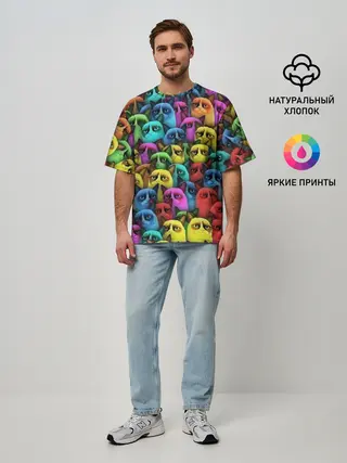 Мужская футболка оверсайз / Разноцветные сердитые коты