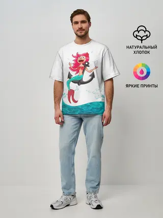 Мужская футболка оверсайз / Русалка на якоре