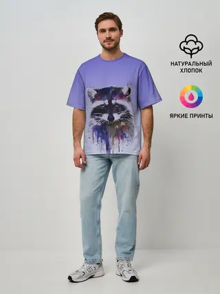 Мужская футболка оверсайз / енот акварелью потеки