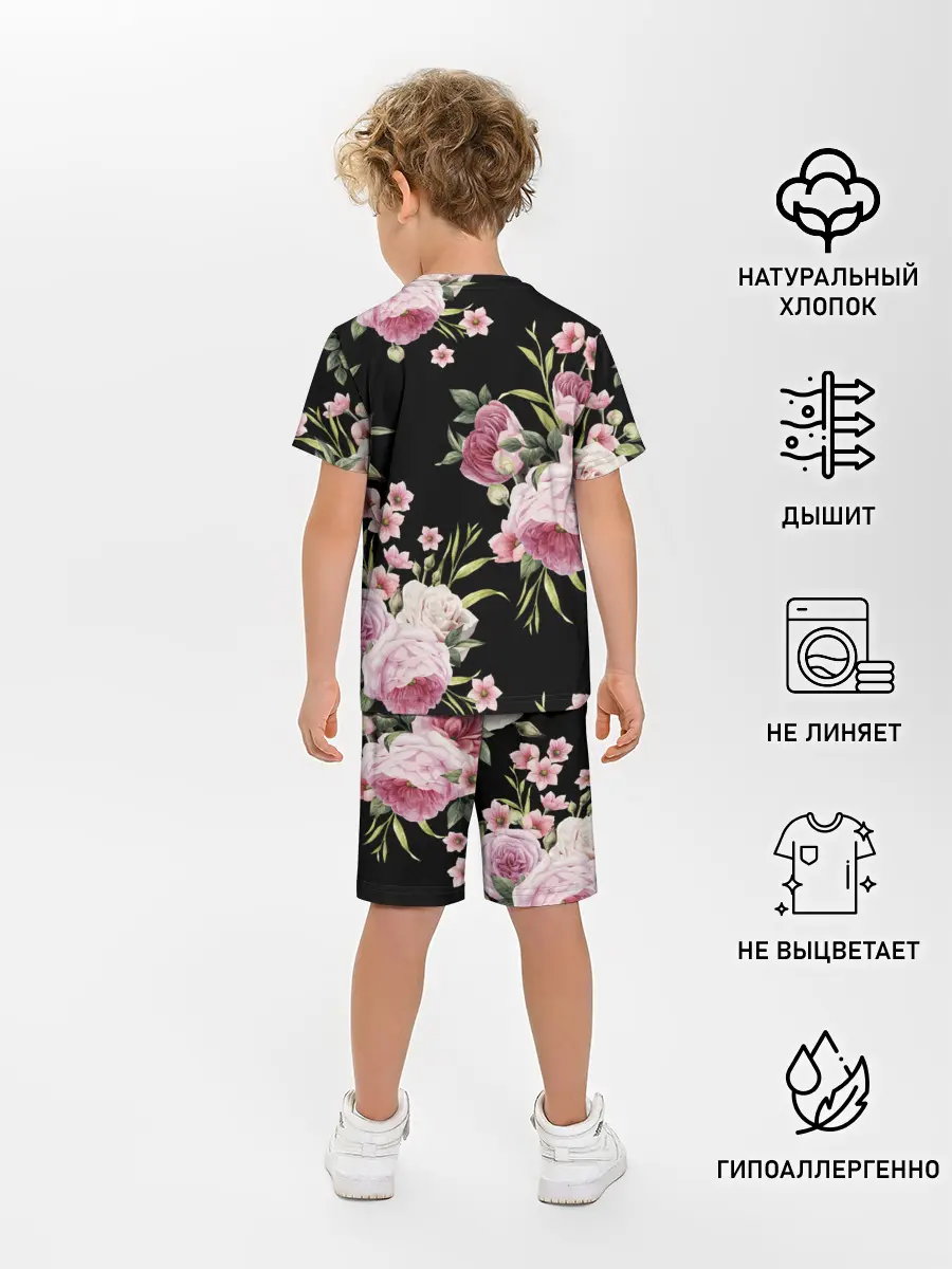 Детская пижама с шортами / Пионы на Чёрном