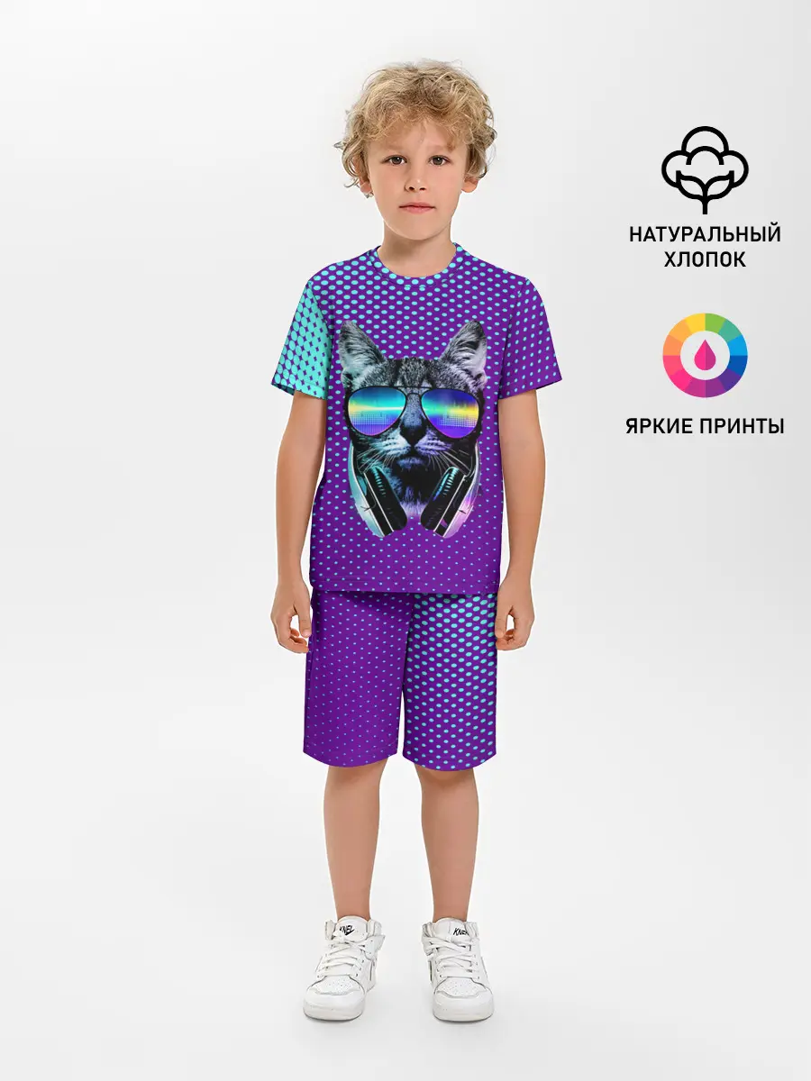 Детская пижама с шортами / Кот очки наушники модный