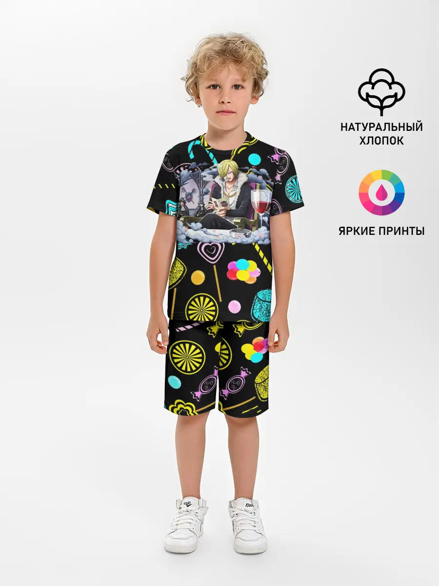 Детская пижама с шортами / Винсмок Санджи. Фон со сладостями