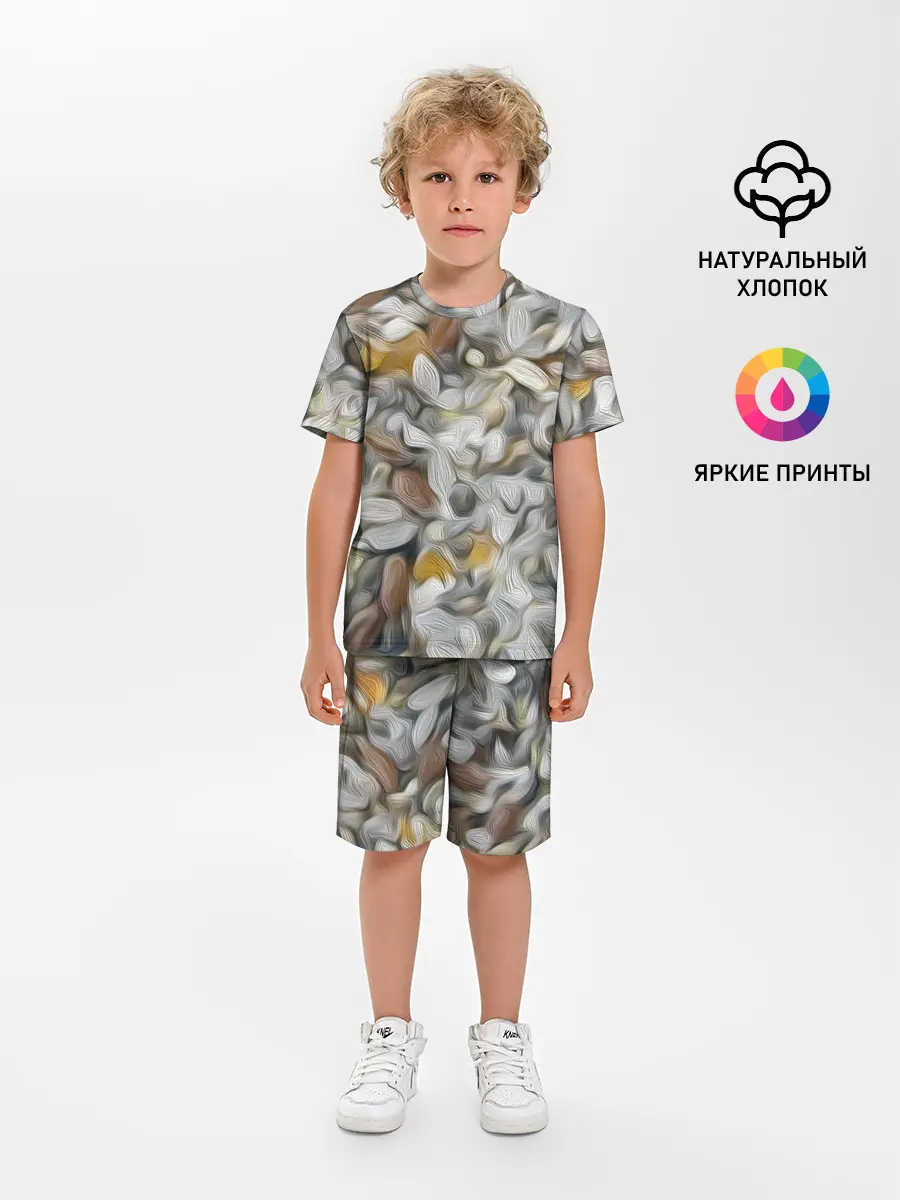 Детская пижама с шортами / желто-серый каменный узор