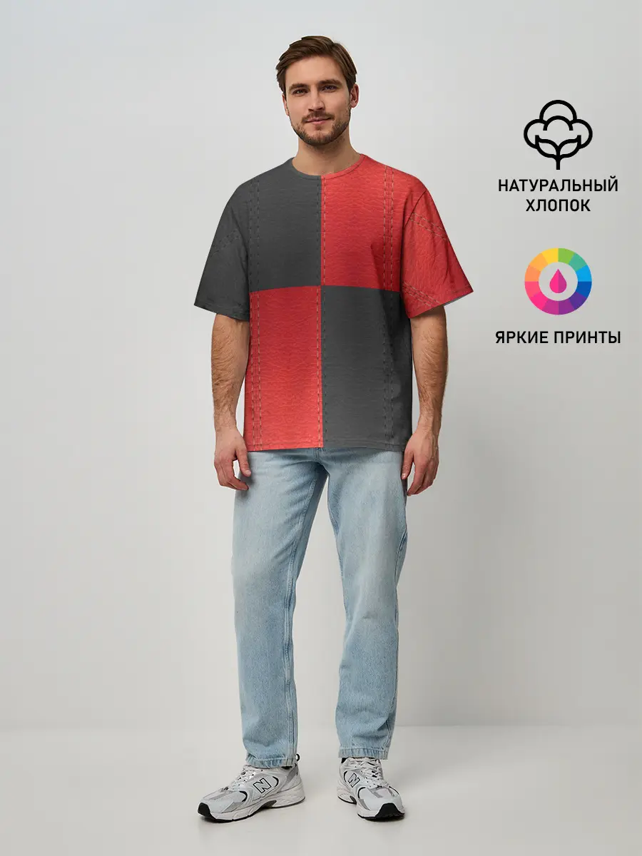 Мужская футболка оверсайз / Черно-красная Кожа