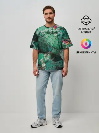 Мужская футболка оверсайз / кактусы с цветами реализм