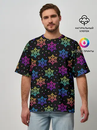Мужская футболка оверсайз / Неоновые снежинки / Neon snowflakes