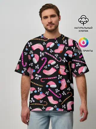 Мужская футболка оверсайз / Новогодняя ночь, акварельный узор