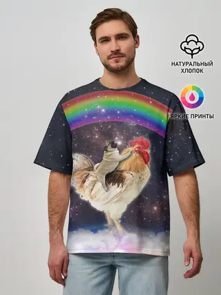 Мужская футболка оверсайз / Мопс на курице в космосе