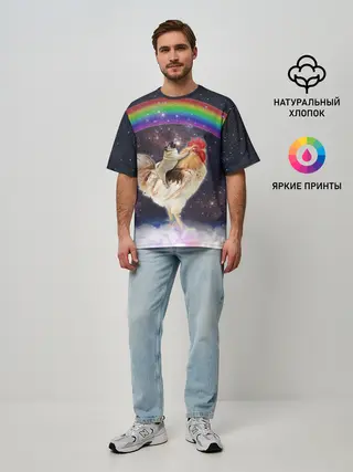 Мужская футболка оверсайз / Мопс на курице в космосе