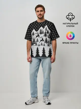 Мужская футболка оверсайз / Северные Олени в Горах