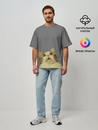 Мужская футболка оверсайз / Коте смотрит вверх