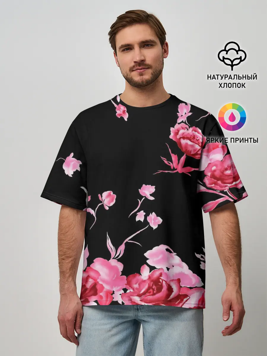 Мужская футболка оверсайз / Яркие розы