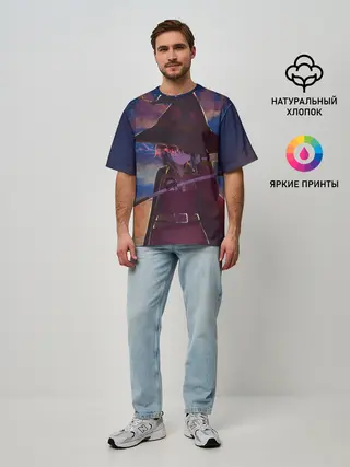 Мужская футболка оверсайз / Konosuba с посохом