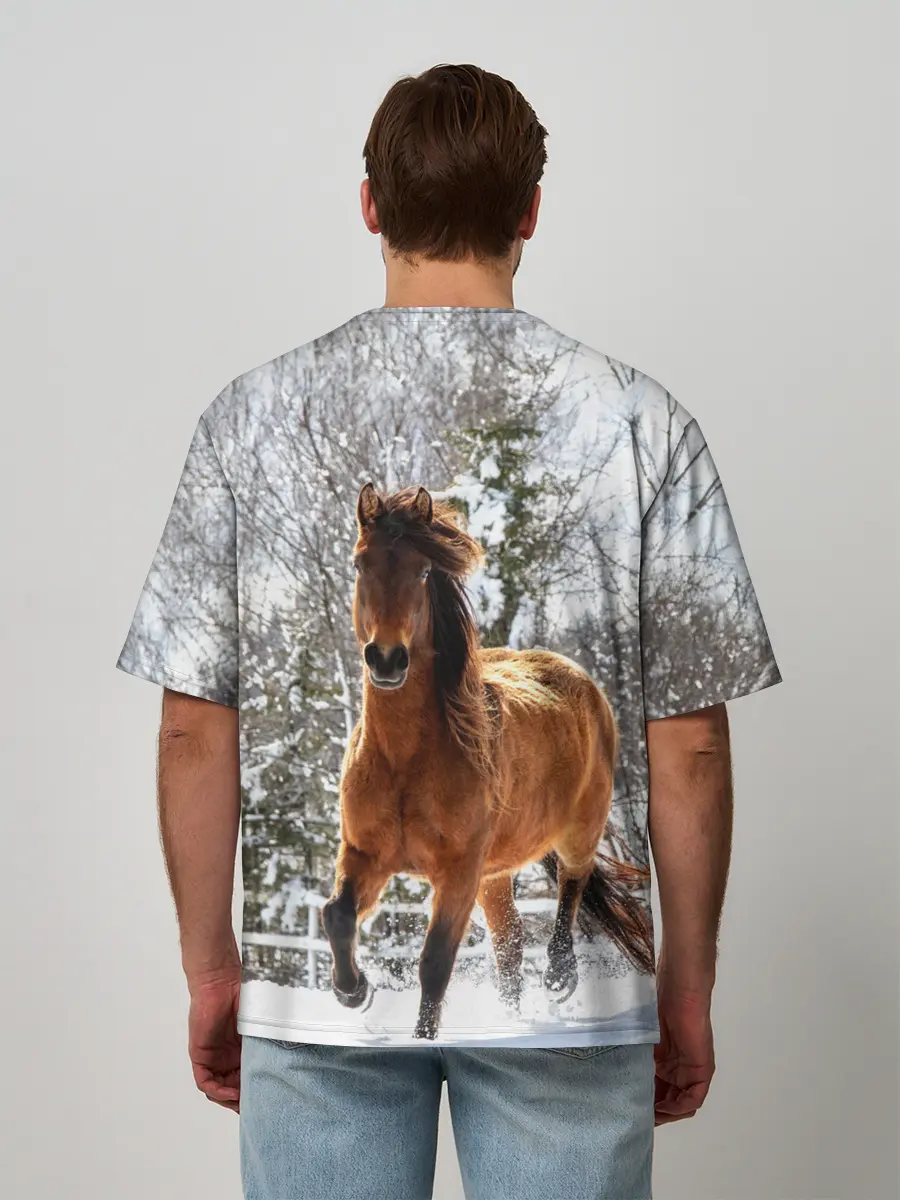 Мужская футболка оверсайз / Конь и снег