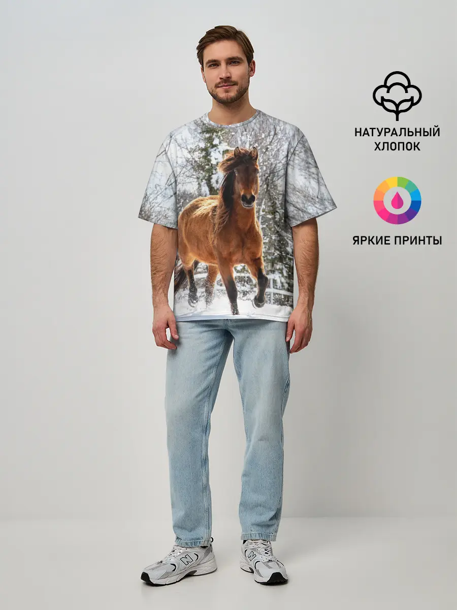 Мужская футболка оверсайз / Конь и снег