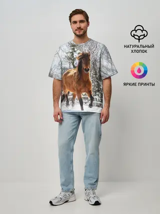 Мужская футболка оверсайз / Конь и снег