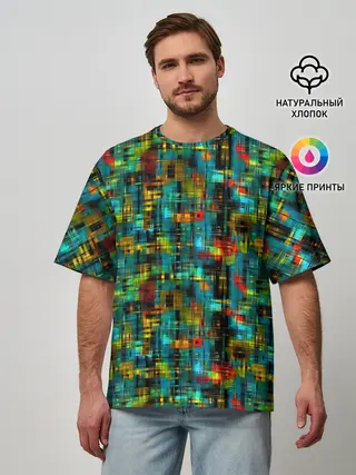 Мужская футболка оверсайз / Разноцветные штрихи на бирюзе