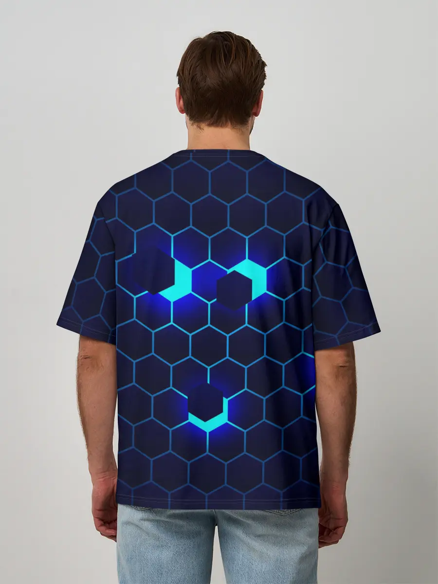 Мужская футболка оверсайз / СИНИЕ СОТЫ В НЕОНЕ