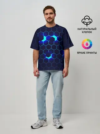 Мужская футболка оверсайз / СИНИЕ СОТЫ В НЕОНЕ