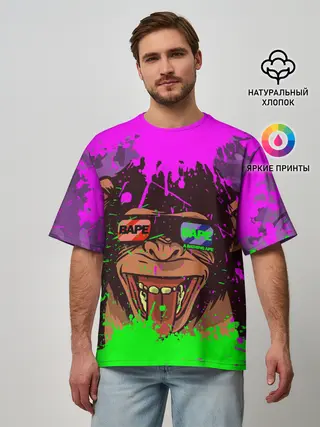 Мужская футболка оверсайз / 3D Neon Monkey
