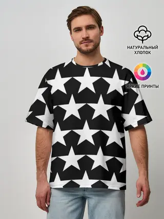Мужская футболка оверсайз / Белые звёзды на чёрном фоне 2