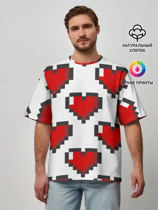 Мужская футболка оверсайз / Пиксельные сердечки