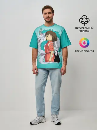 Мужская футболка оверсайз / Тихиро и Хаку зеленый фон