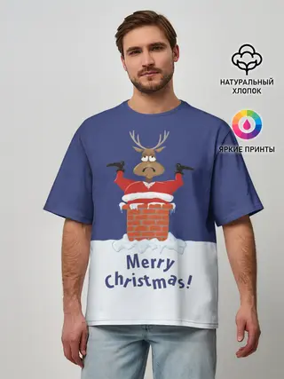 Мужская футболка оверсайз / Санта в трубе с Оленем